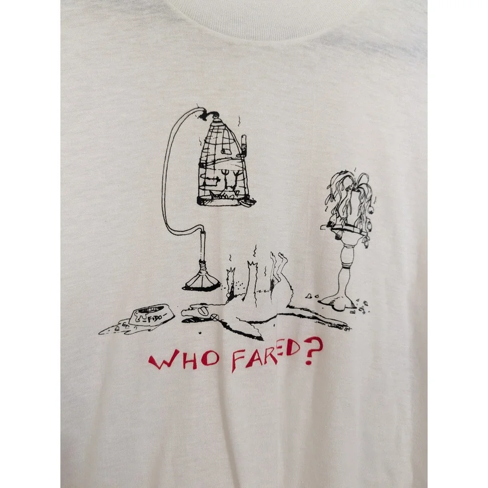 Vintage 1984 John Lamb Who Farted Graphic T-Shirt XL White Paper Thin 80s Tee